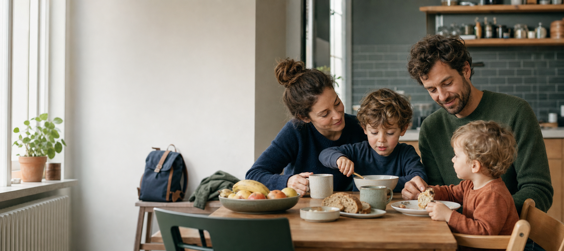 A family sharing a calm breakfast together at home